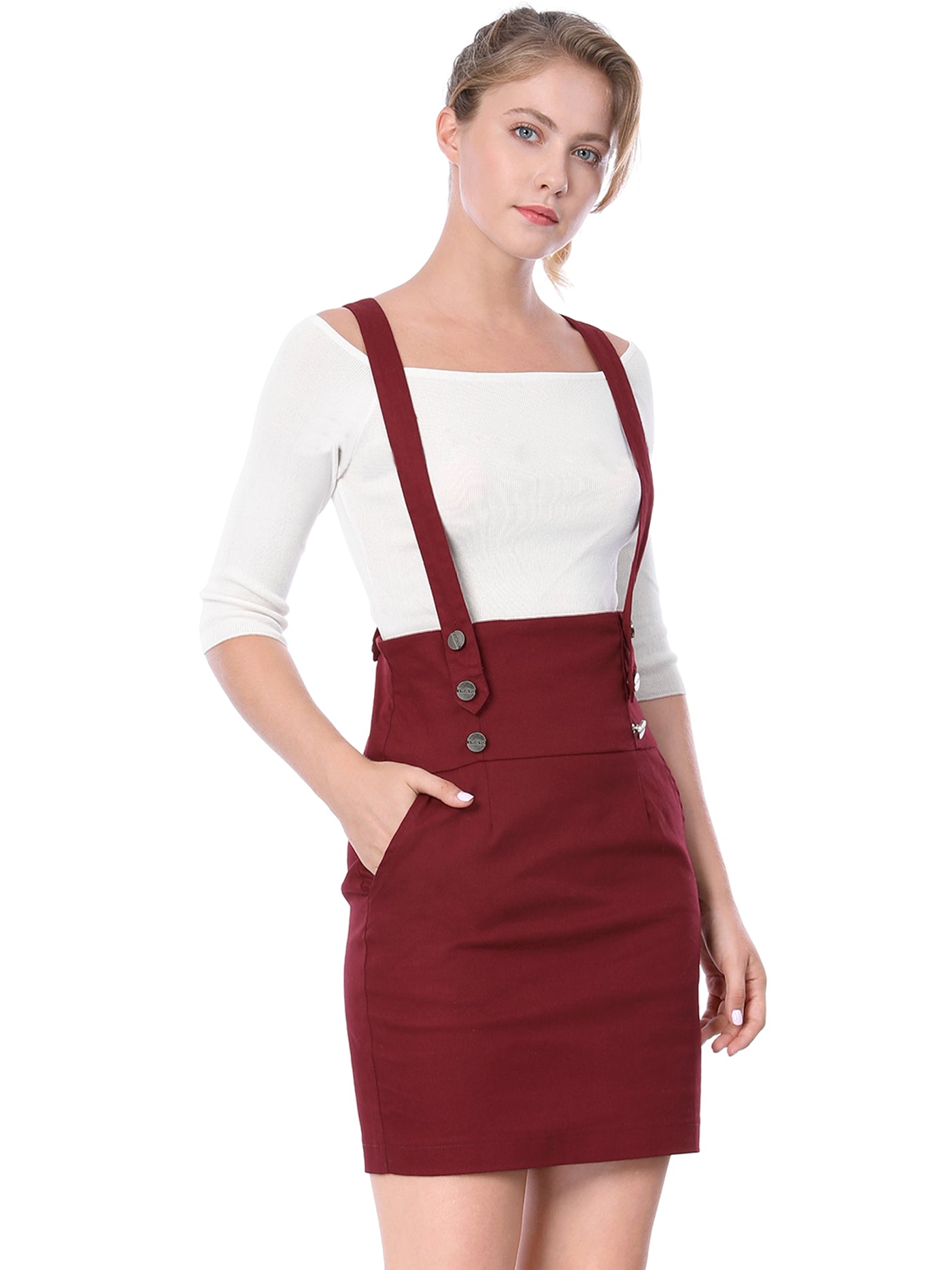 Allegra K High Waist Suspender Adjustable Strap Overalls Short Skirt