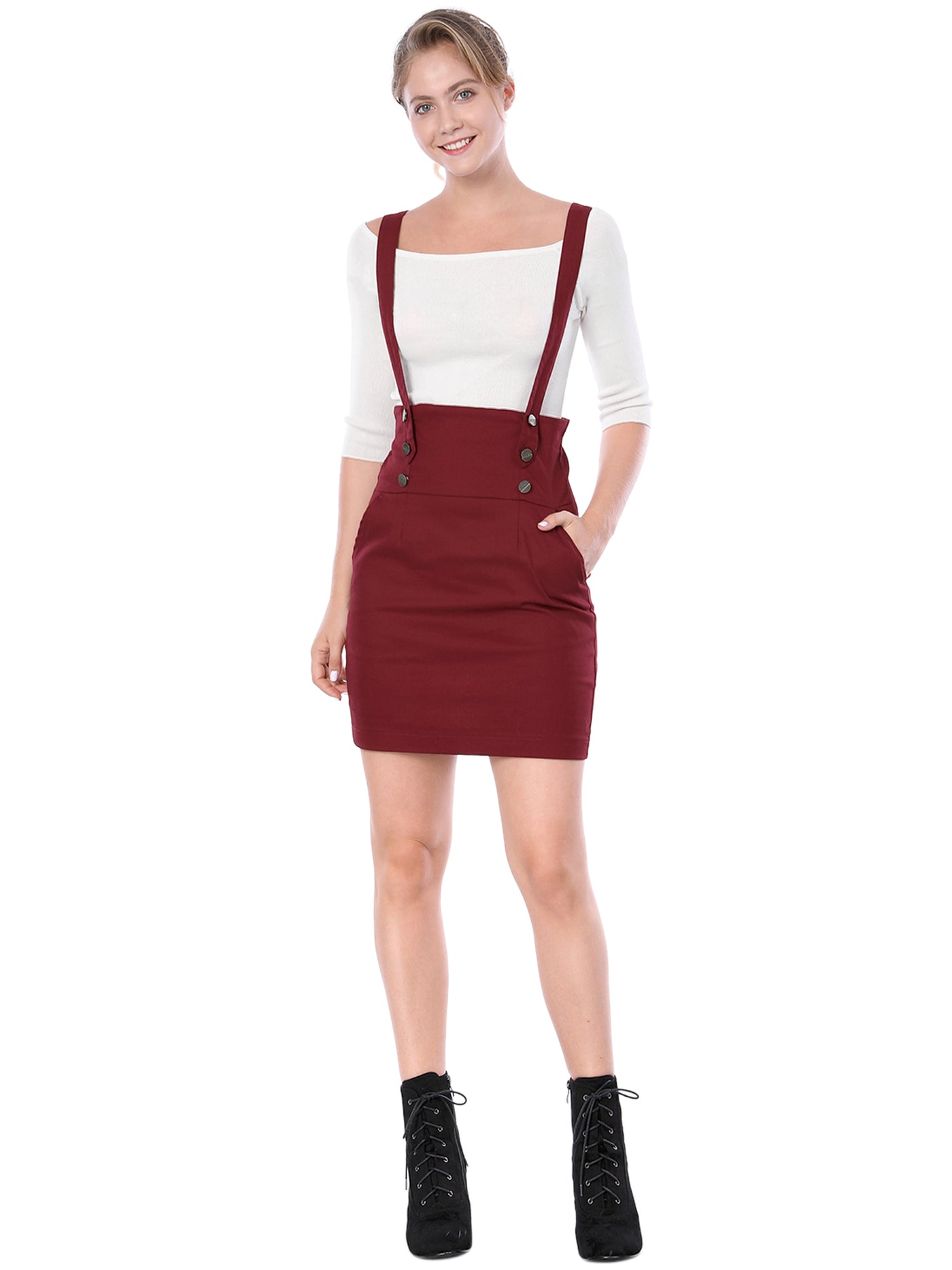 Allegra K High Waist Suspender Adjustable Strap Overalls Short Skirt