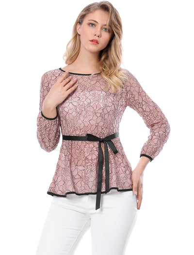 Elegant Tie Waist Long Sleeve Top Lace Peplum Blouses