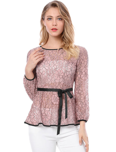 Elegant Tie Waist Long Sleeve Top Lace Peplum Blouses