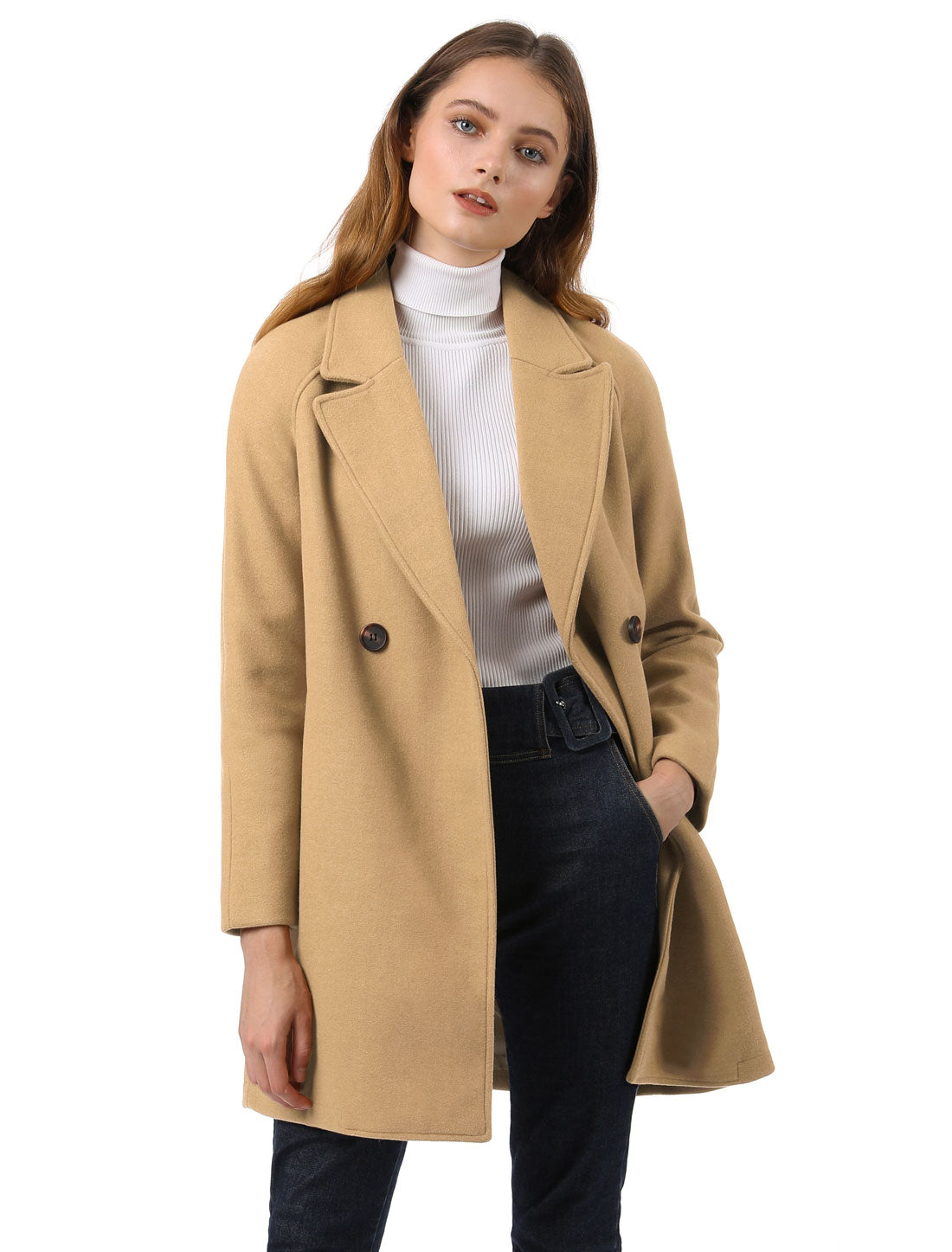 Allegra K Notched Lapel Double Breasted Raglan Winter Coat