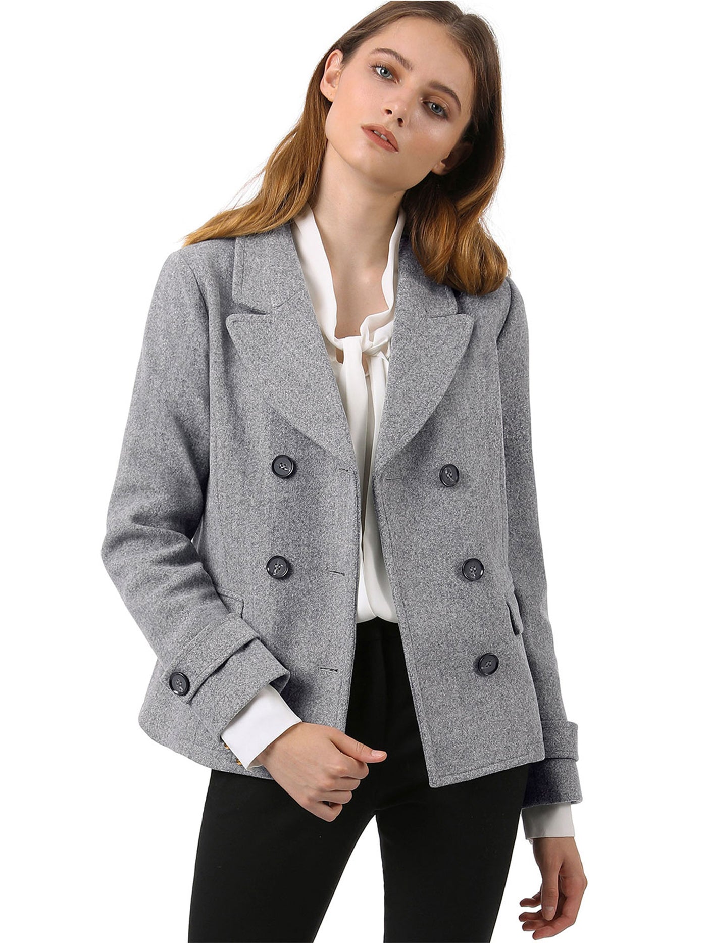 Allegra K Winter Notched Lapel Double Breasted Short Pea Coat