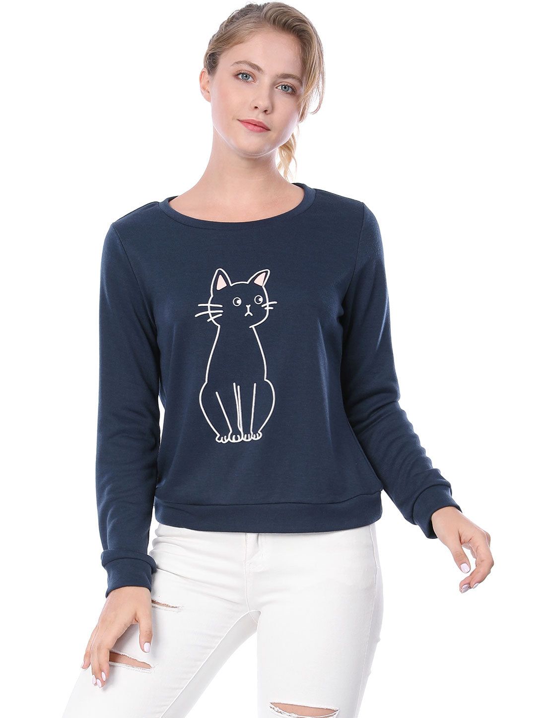 Allegra K Round Neck Long Sleev Cat Printed Winter Sweatshirt