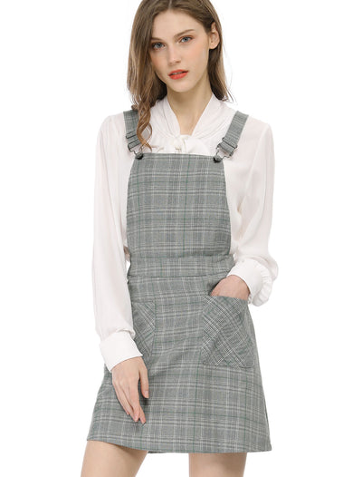 Adjustable Strap Above Knee Plaid Printed Overall Suspender Skirt