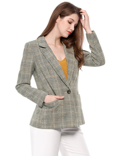 Plaid Notched Lapel One Button Houndstooth Blazer Jacket