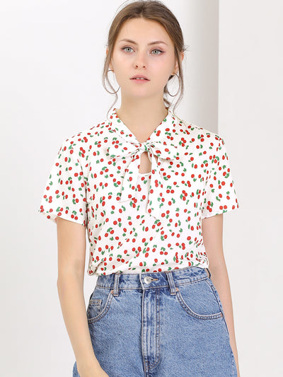 Bow Tie Neck Short Sleeve Printed Chiffon Blouse