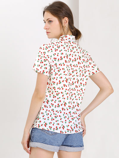 Bow Tie Neck Short Sleeve Printed Chiffon Blouse