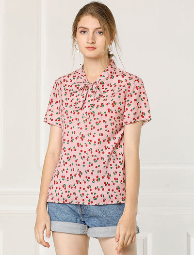 Bow Tie Neck Short Sleeve Printed Chiffon Blouse