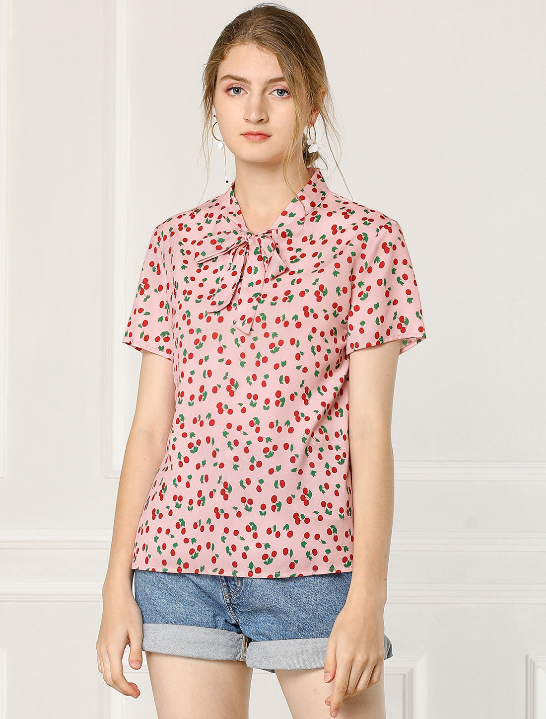 Allegra K Bow Tie Neck Short Sleeve Printed Chiffon Blouse