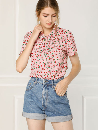 Bow Tie Neck Short Sleeve Printed Chiffon Blouse