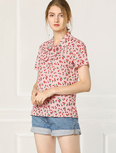 Bow Tie Neck Short Sleeve Printed Chiffon Blouse