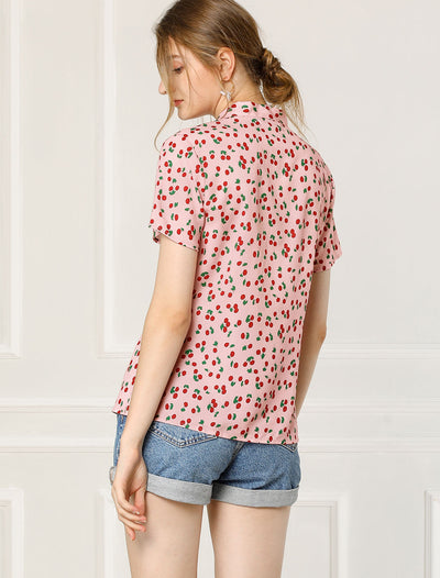 Bow Tie Neck Short Sleeve Printed Chiffon Blouse