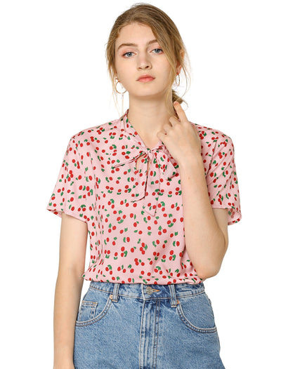 Bow Tie Neck Short Sleeve Printed Chiffon Blouse