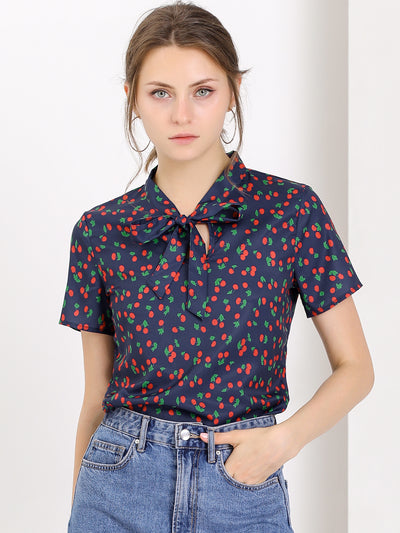 Bow Tie Neck Short Sleeve Printed Chiffon Blouse