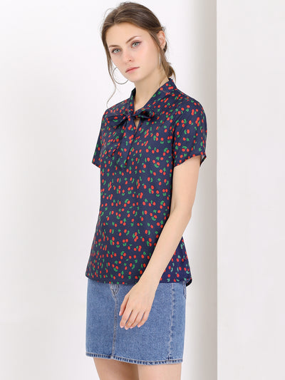 Bow Tie Neck Short Sleeve Printed Chiffon Blouse