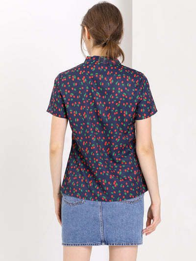 Bow Tie Neck Short Sleeve Printed Chiffon Blouse