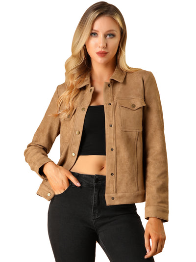 Turn-Down Collar Flap Pocket Snap Button Faux Suede Jacket