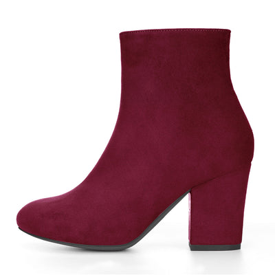 Faux Suede Round Toe Block Heel Zipper Ankle Boots