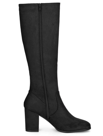 Faux Suede Side Zipper Chunky Heel Knee High Boots