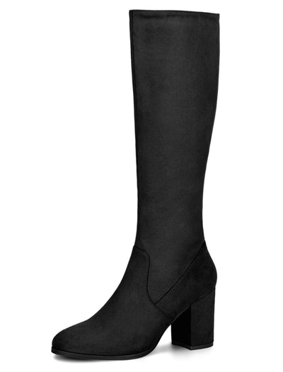 Faux Suede Side Zipper Chunky Heel Knee High Boots