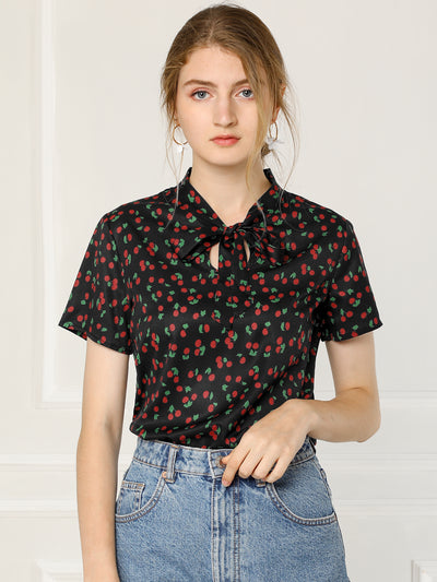 Bow Tie Neck Short Sleeve Printed Chiffon Blouse