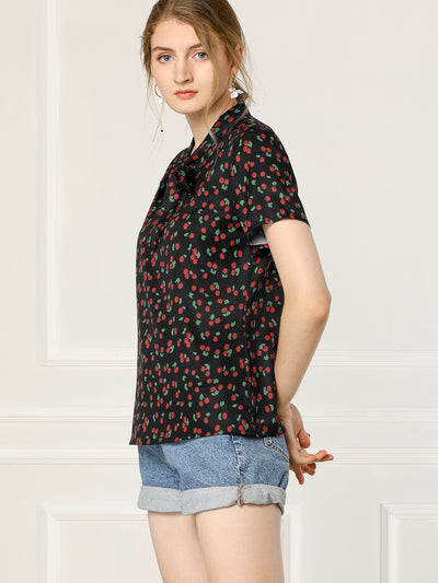 Bow Tie Neck Short Sleeve Printed Chiffon Blouse