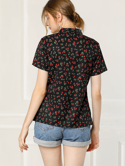 Bow Tie Neck Short Sleeve Printed Chiffon Blouse