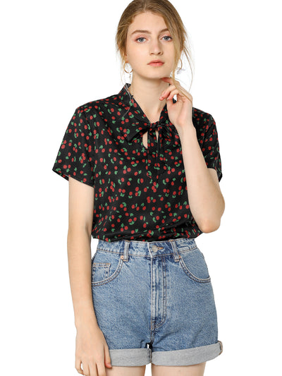 Bow Tie Neck Short Sleeve Printed Chiffon Blouse