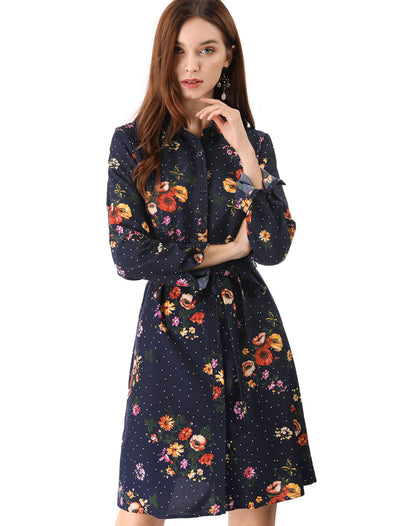 Button Down Floral Collar Tie Belted Mini Shirt Dress