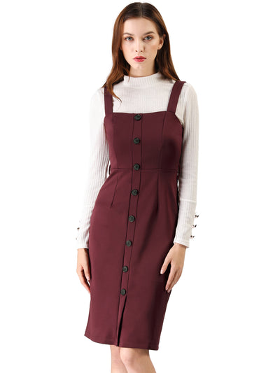 Classic Button Front Sleeveless Tie Waist Pinafore Overall Dress