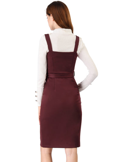 Classic Button Front Sleeveless Tie Waist Pinafore Overall Dress