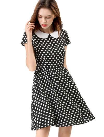 Peter Pan Collar Short Sleeve Contrast A-Line Polka Dots Dress