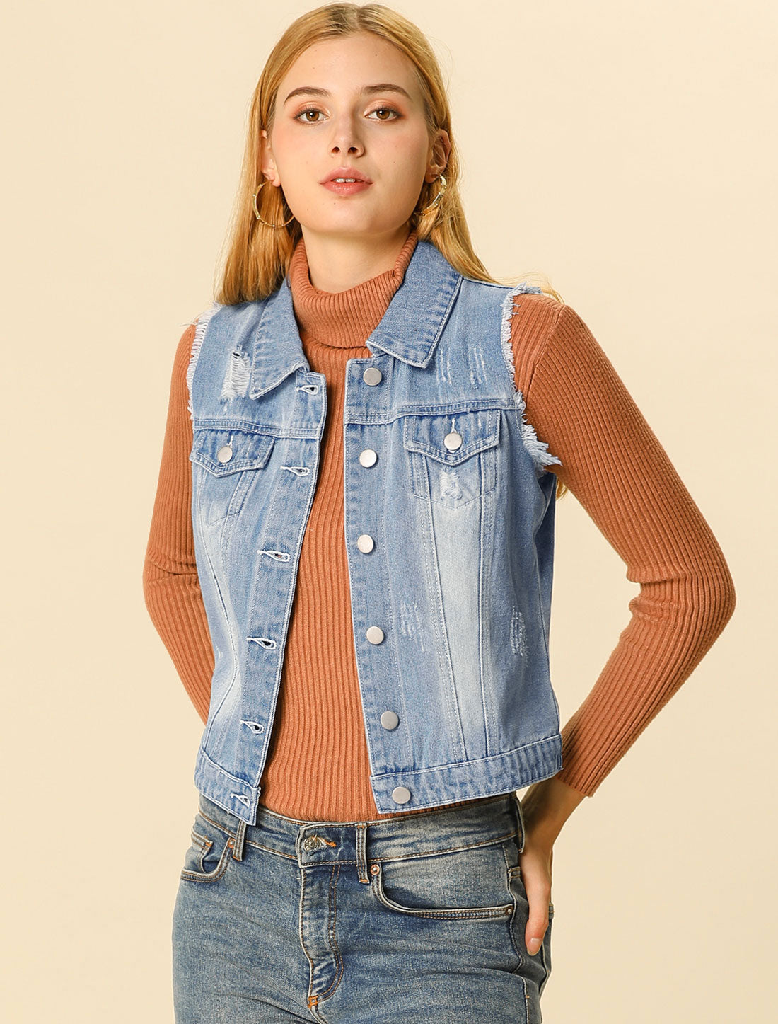 Allegra K Lapel Button Closure Sleeveless Washed Distressed Denim Vest