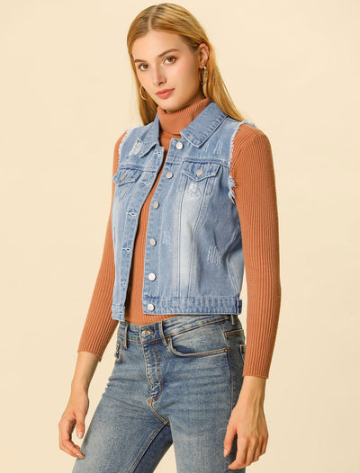 Lapel Button Closure Sleeveless Washed Distressed Denim Vest