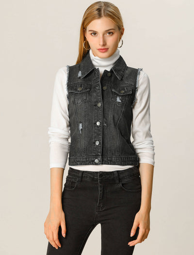 Lapel Button Closure Sleeveless Washed Distressed Denim Vest