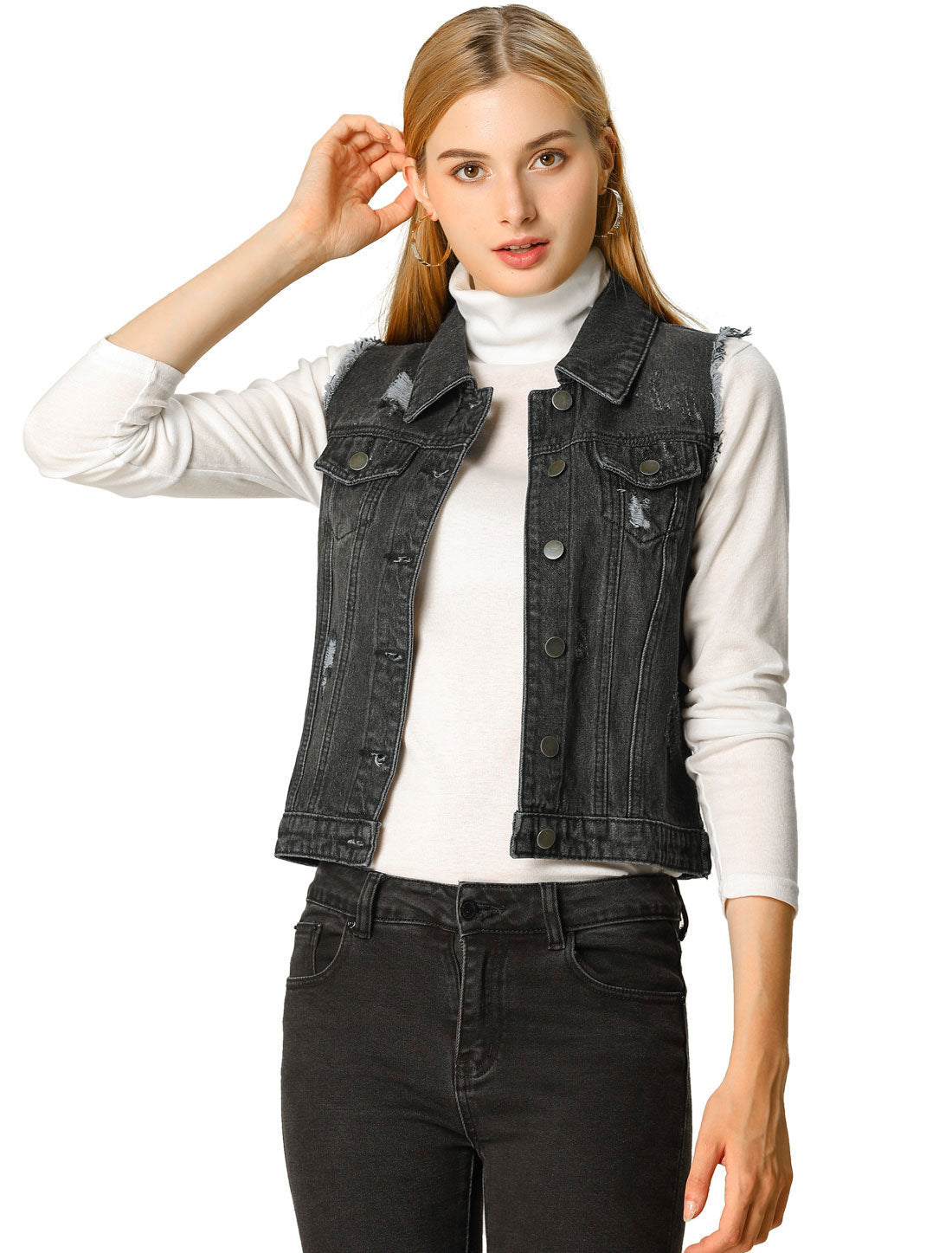 Allegra K Lapel Button Closure Sleeveless Washed Distressed Denim Vest