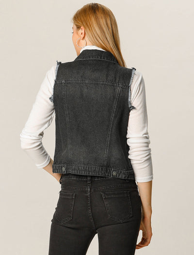 Lapel Button Closure Sleeveless Washed Distressed Denim Vest