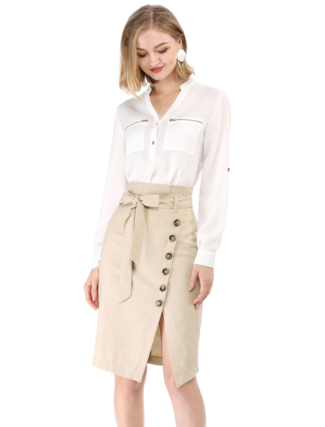 Allegra K Button Decor Split Belted Smocked Vintage Short Pencil Skirt