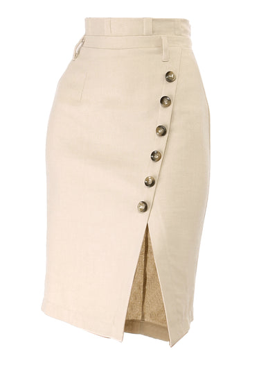 Button Decor Split Belted Smocked Vintage Short Pencil Skirt