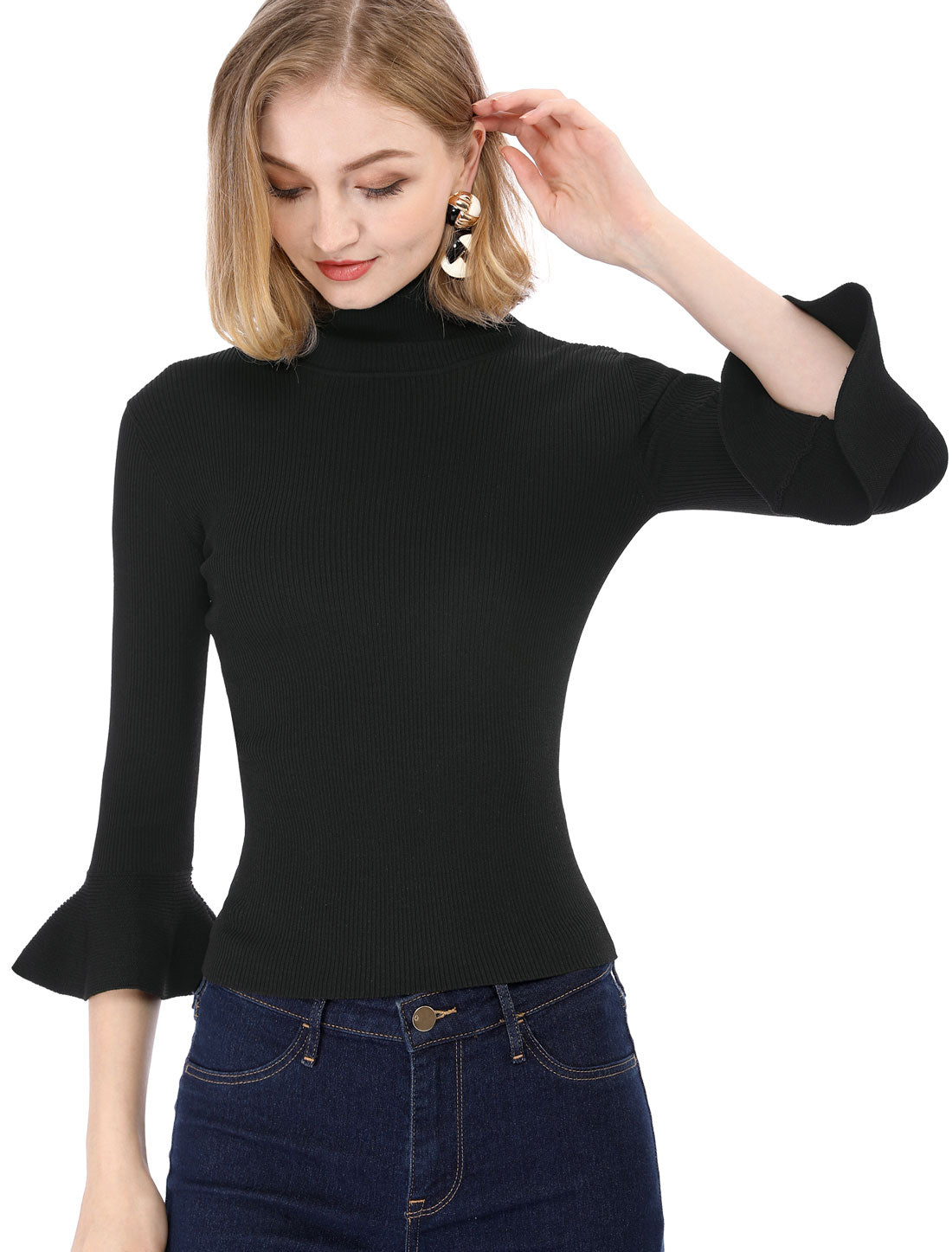 Allegra K Ruffled 3/4 Sleeve Turtleneck Knitted Pullover Sweater