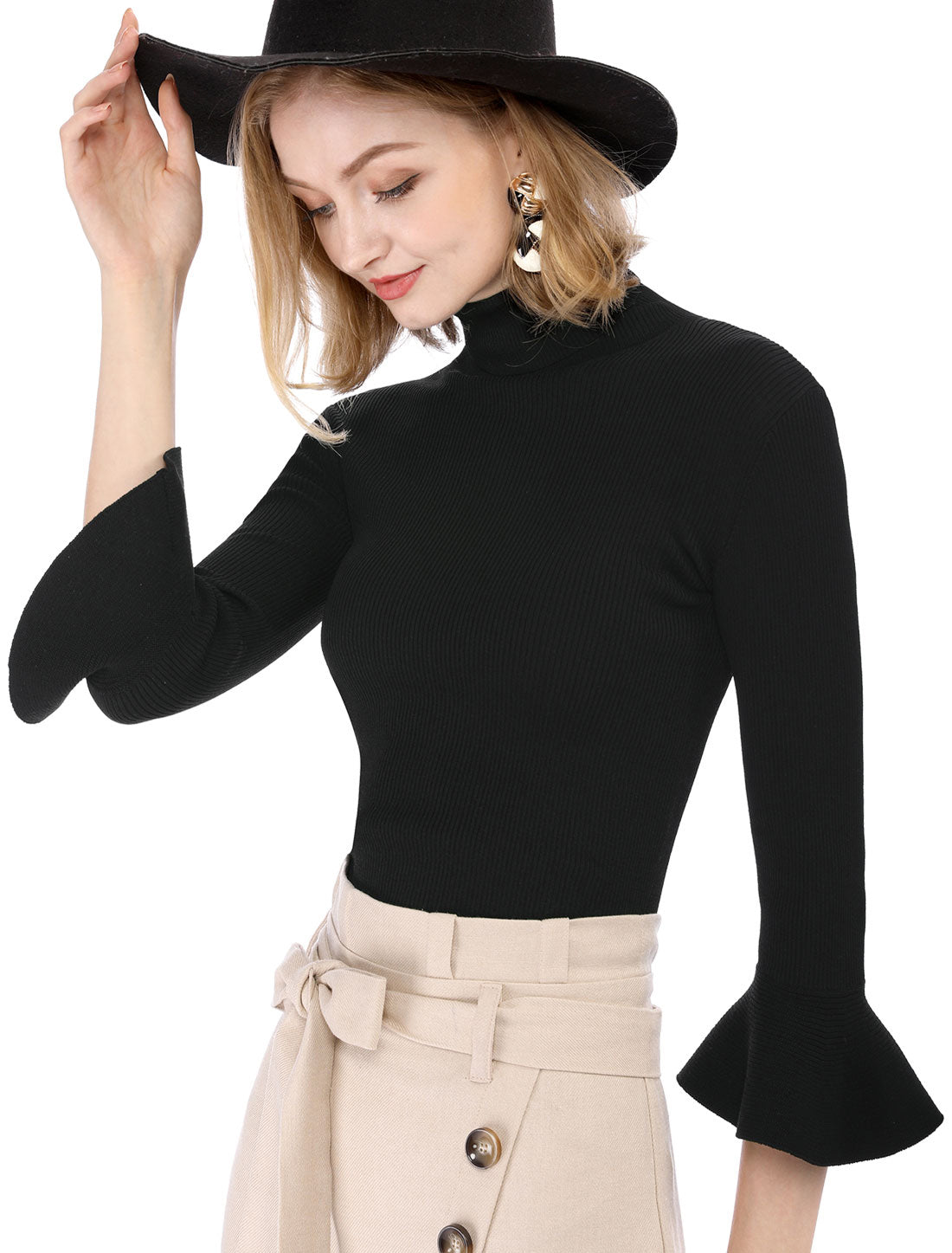 Allegra K Ruffled 3/4 Sleeve Turtleneck Knitted Pullover Sweater