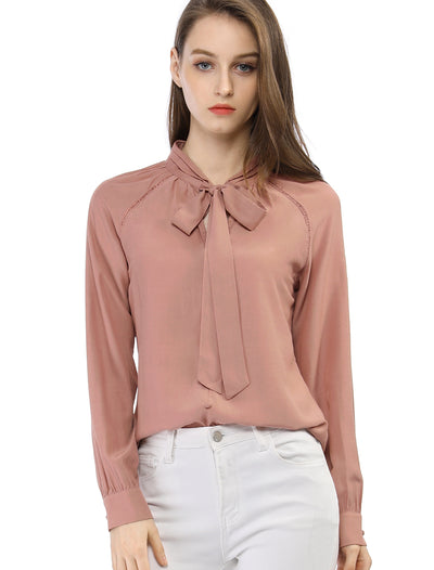 Office Long Sleeve Button Decor Elegant Bow Tie Neck Blouse