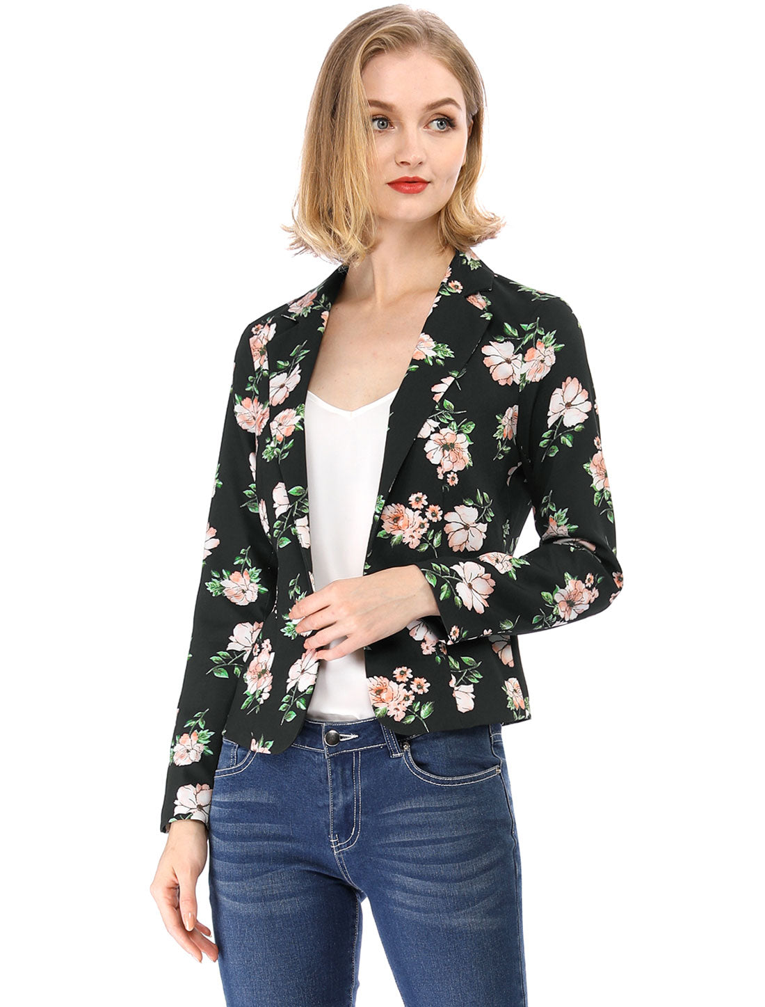 Allegra K Open Front Notch Lapel Floral Business Casual Suit Blazer