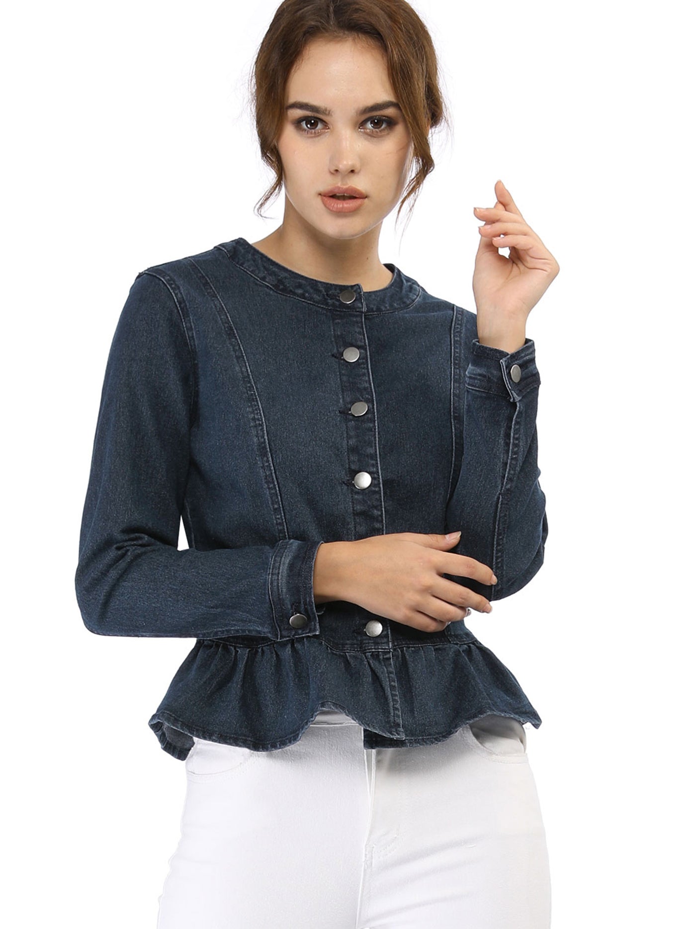 Allegra K Peplum Denim Collarless Round Neck Cropped Ruffle Hem Jacket