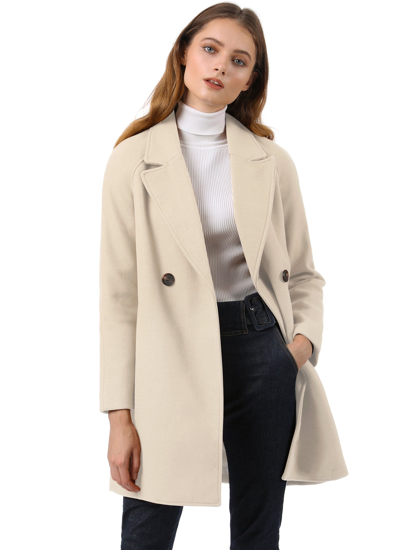 Allegra K Notched Lapel Double Breasted Raglan Winter Coat