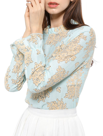 See Through Ruffle Frill Neck Long Sleeve Floral Lace Blouse