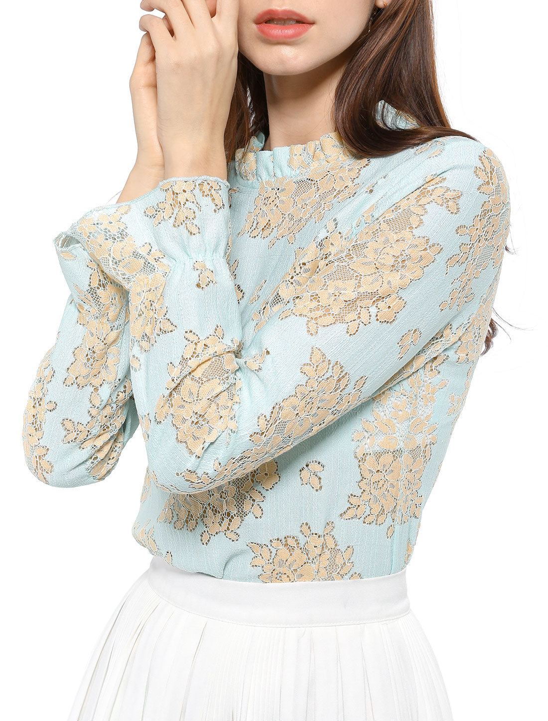 Allegra K See Through Ruffle Frill Neck Long Sleeve Floral Lace Blouse