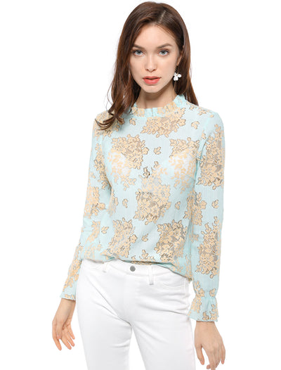 See Through Ruffle Frill Neck Long Sleeve Floral Lace Blouse