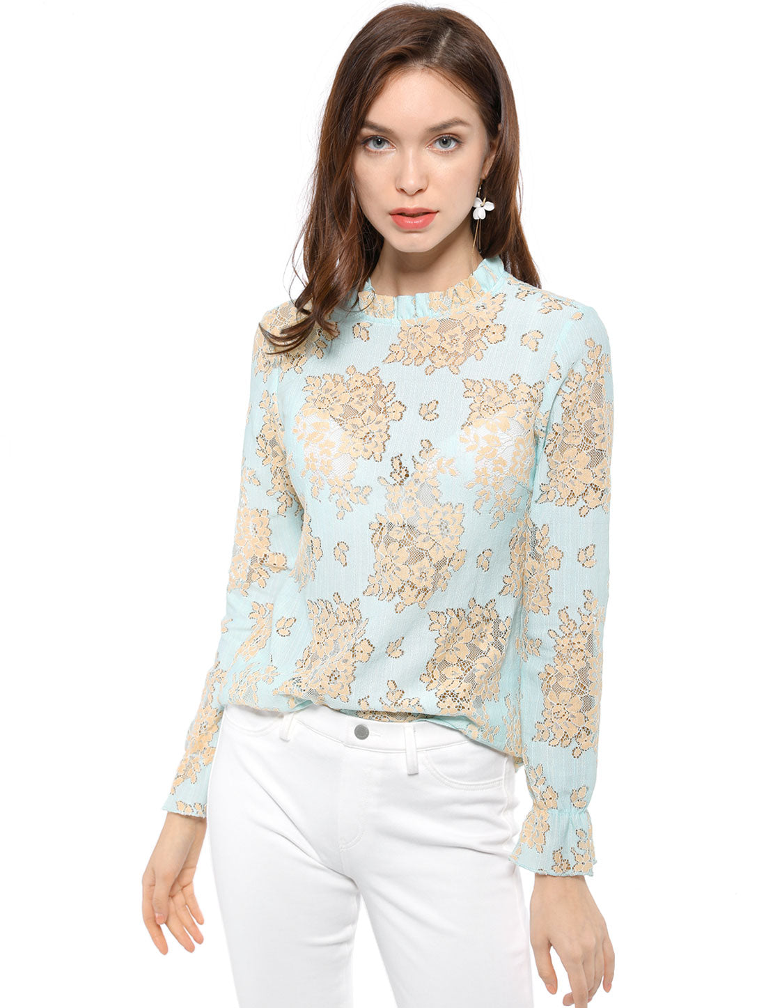 Allegra K See Through Ruffle Frill Neck Long Sleeve Floral Lace Blouse