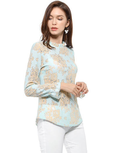 See Through Ruffle Frill Neck Long Sleeve Floral Lace Blouse